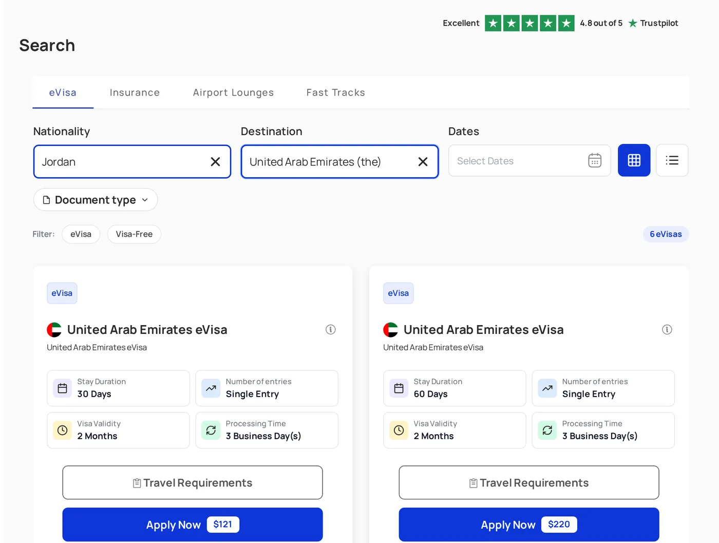 Fluxir eVisa search showing UAE eVisa options for a Jordanian passport, with stay, entries, processing time and price