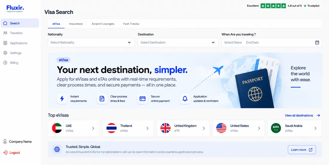 Fluxir eVisa search dashboard